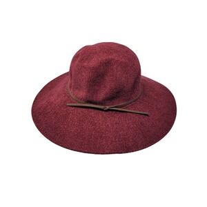 Maroon Burgundy Wide-brim Floppy Hat Knit Faux Leather Band Adjustable Boho